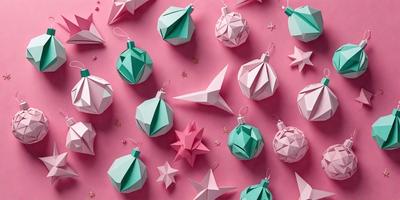 The primary subject of the image is a collection of paper Christmas ornaments. These ornaments are displayed on a pink background, creating a festive and cheerful atmosphere. The ornaments come in various shapes and sizes, adding visual interest and diversity to the scene. The overall visual style of the image is a combination of digital art and illustration, showcasing the intricate details of the paper ornaments.